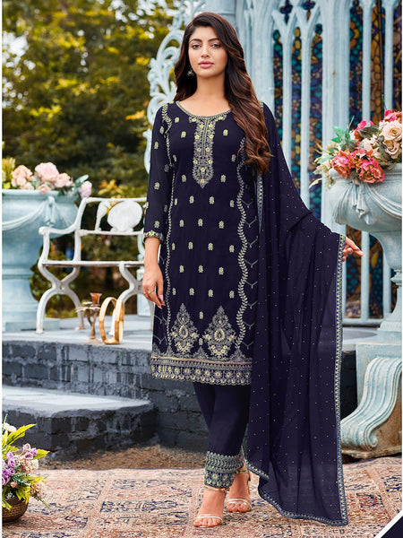 Myra Navy Blue Heavy Faux Georgette Embroidered Pant Style Suit - Distacart