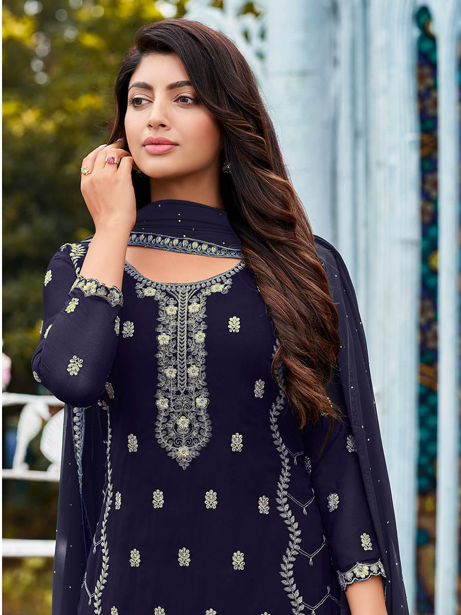 Myra Navy Blue Heavy Faux Georgette Embroidered Pant Style Suit - Distacart