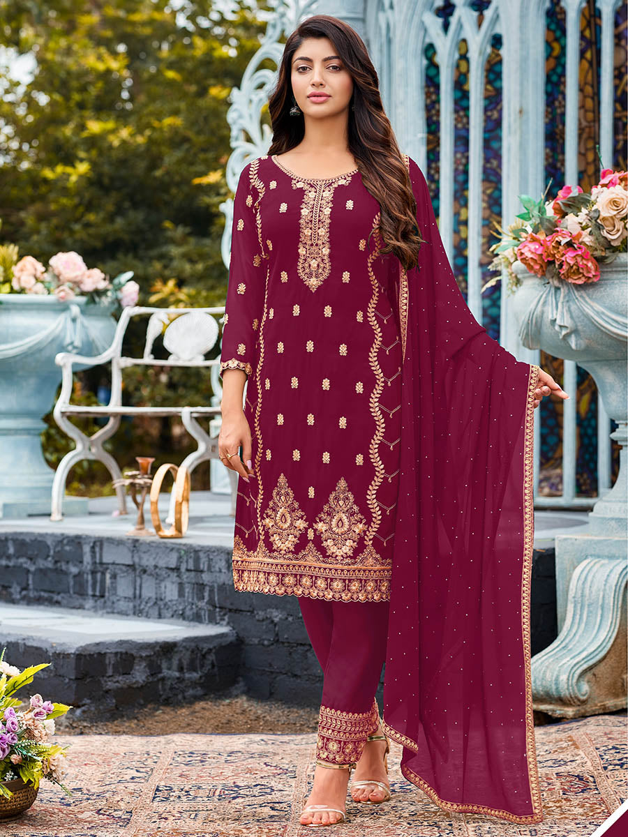Myra Rani Heavy Faux Georgette Embroidered Pant Style Suit - Distacart