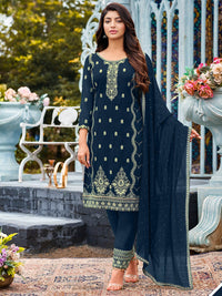 Thumbnail for Myra Royal Blue Heavy Faux Georgette Embroidered Pant Style Suit - Distacart