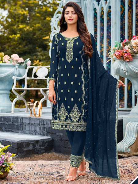 Myra Royal Blue Heavy Faux Georgette Embroidered Pant Style Suit - Distacart