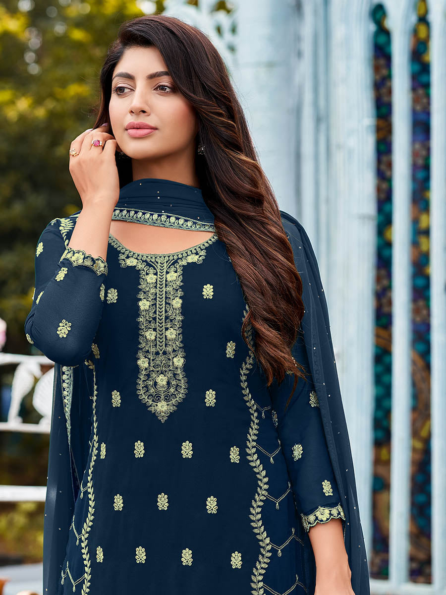 Myra Royal Blue Heavy Faux Georgette Embroidered Pant Style Suit - Distacart