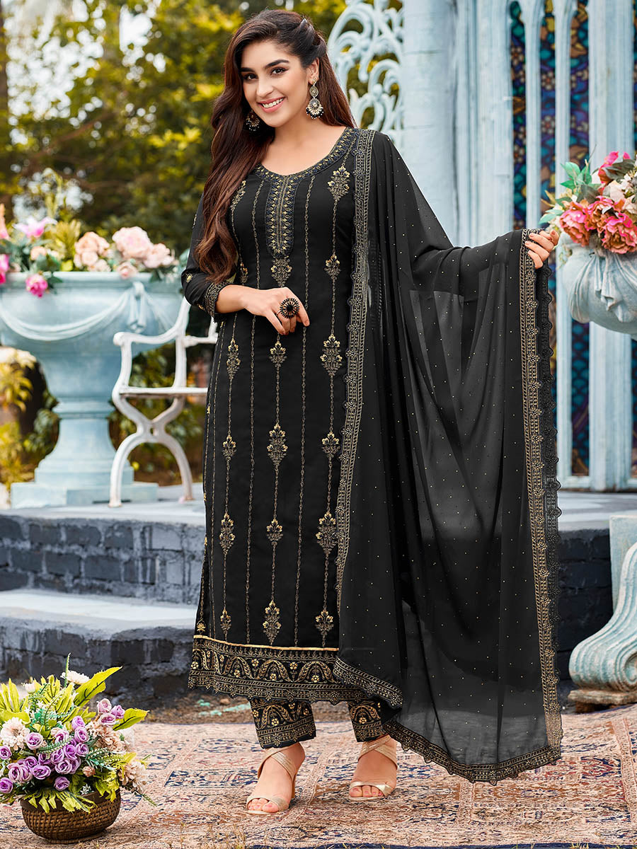 Myra Black Faux Georgette Embroidered Pant Style Suit - Distacart