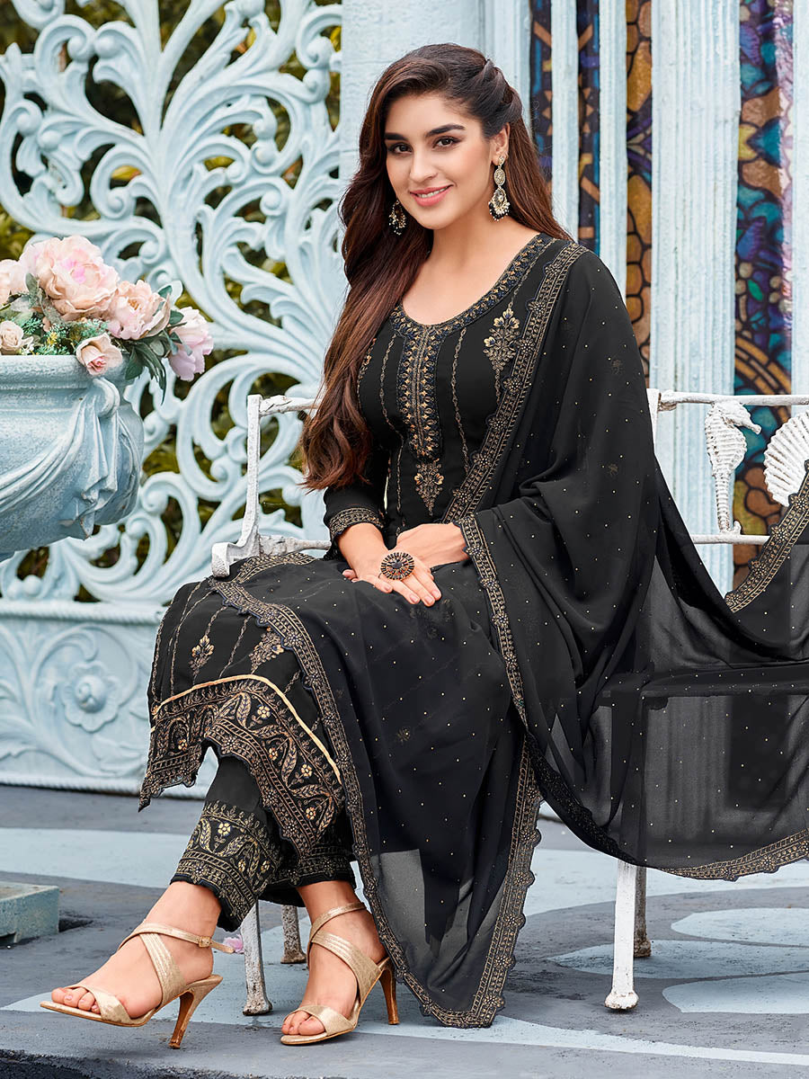 Myra Black Faux Georgette Embroidered Pant Style Suit - Distacart