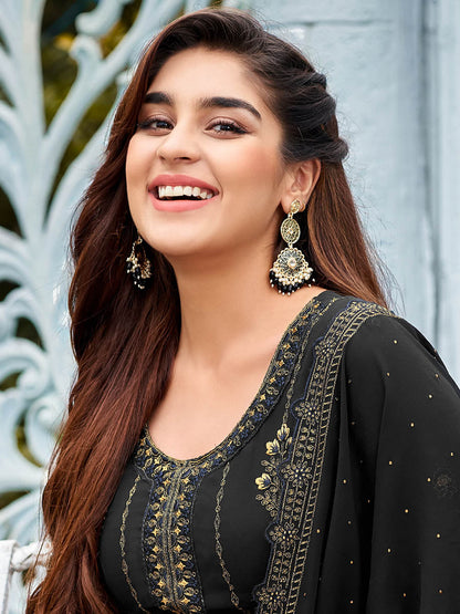 Myra Black Faux Georgette Embroidered Pant Style Suit - Distacart