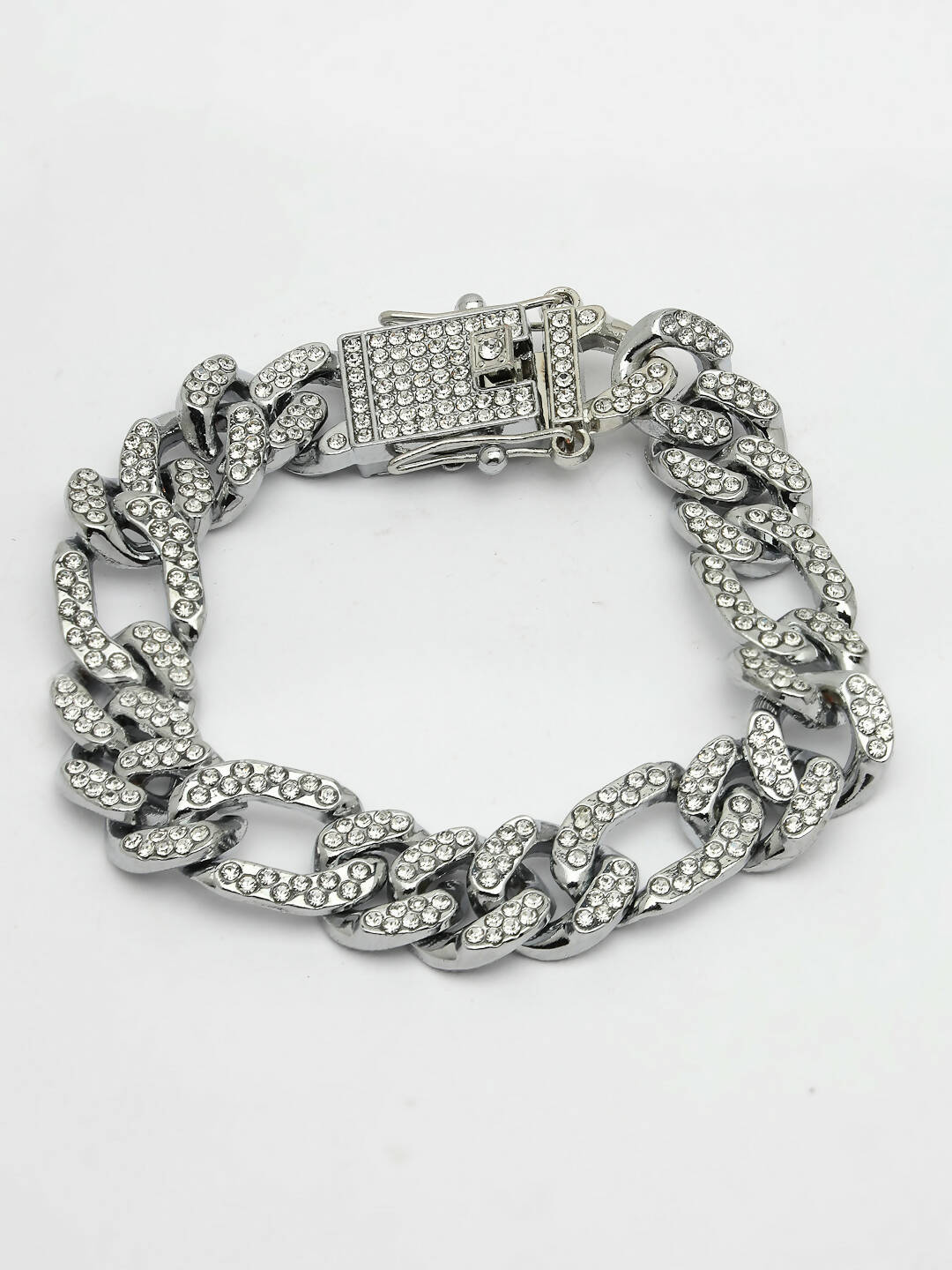 NVR Men Silver-Plated Stainless Steel American Diamond Studded Link Bracelet - Distacart