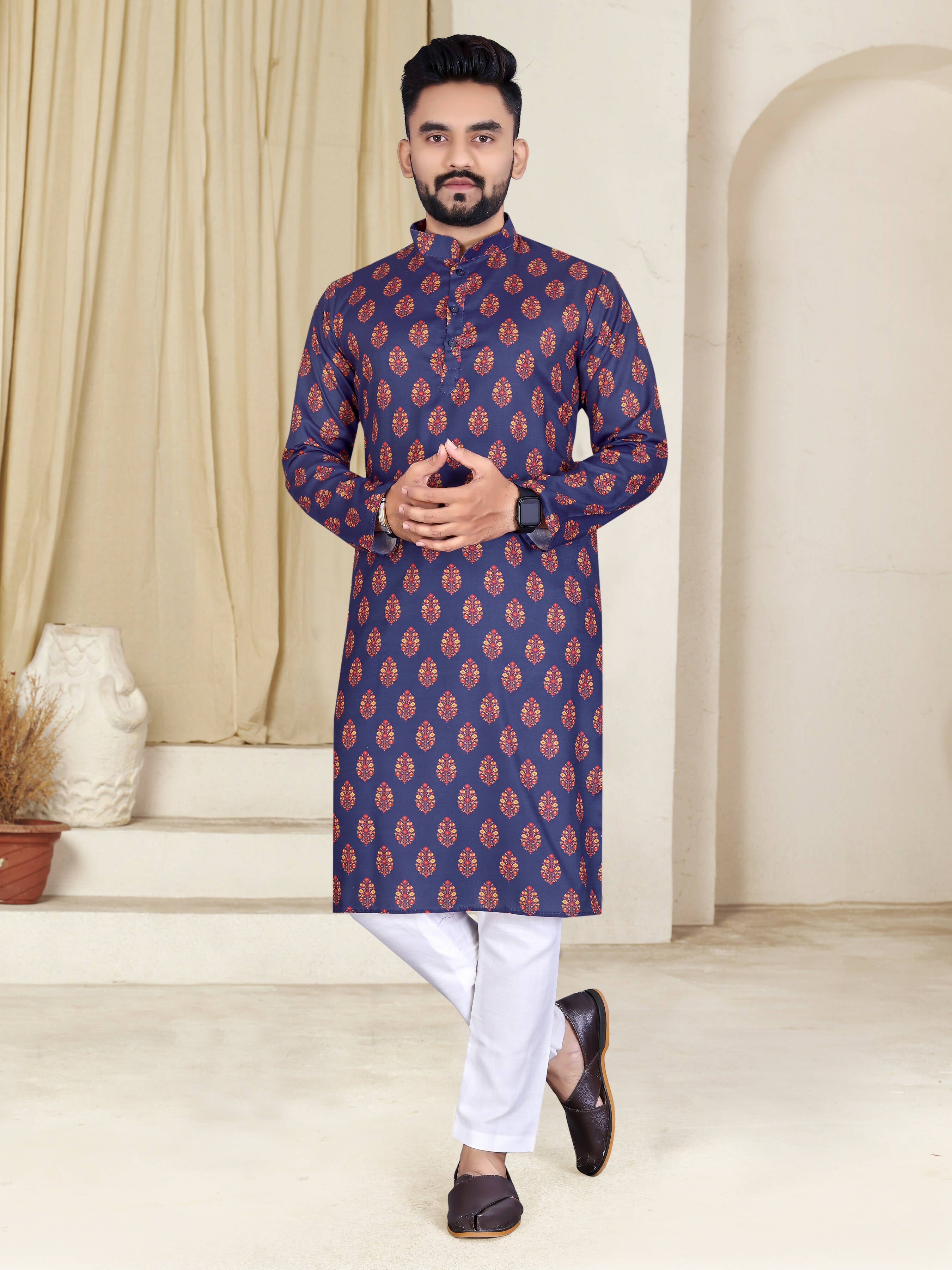 Mens Navy Blue Cotton Printed Kurta - Mahotsav - Distacart