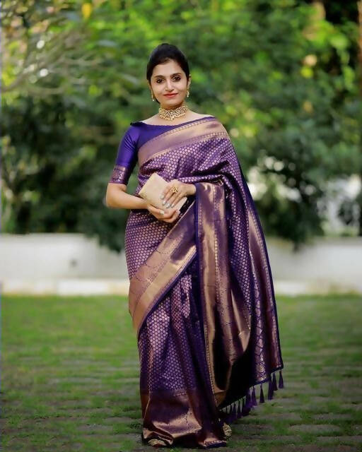 DEIANA'S Beautiful Golden Jari with New Design Soft Lichi Silk Saree - Purple - Distacart