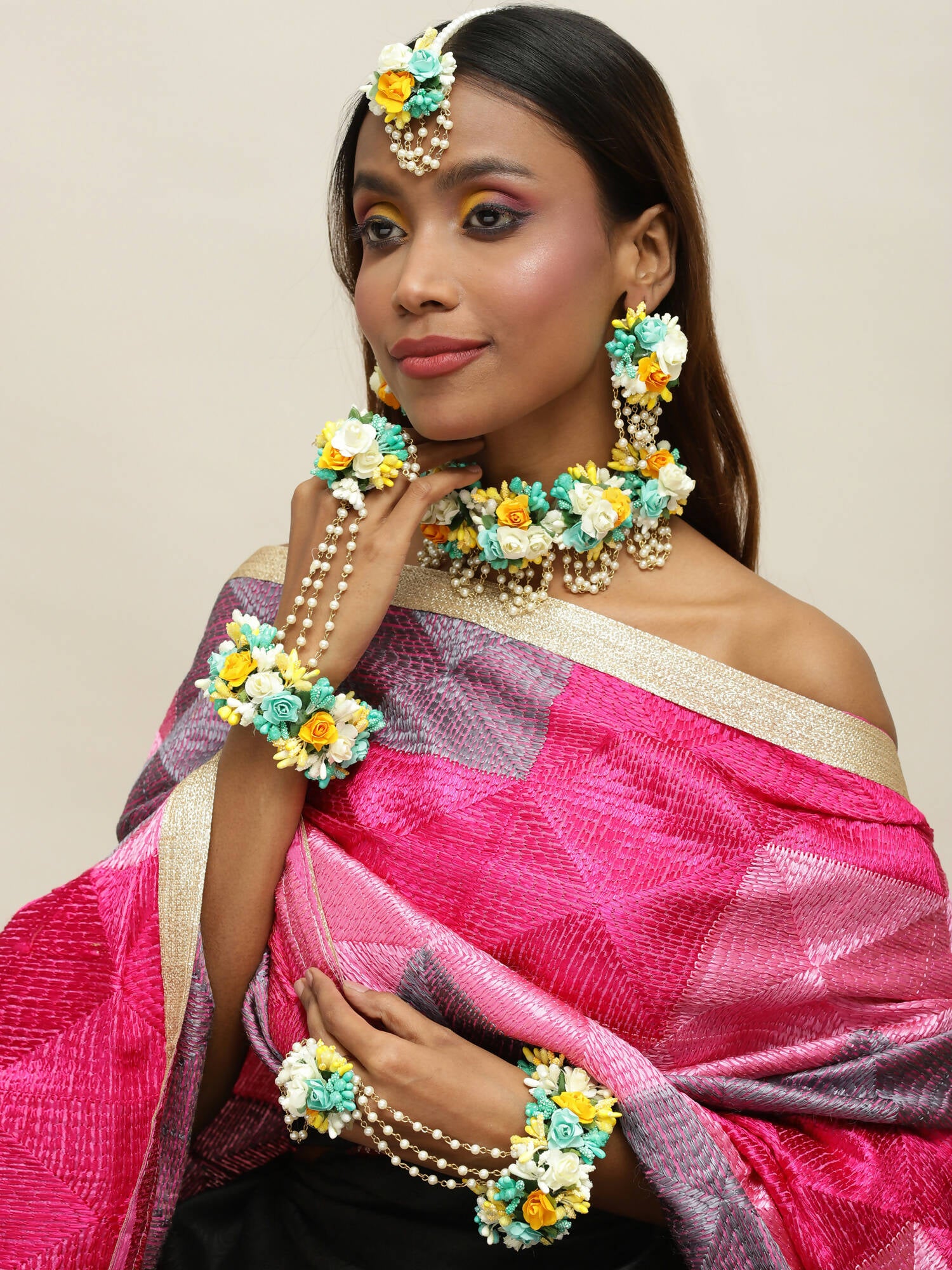 Flower Jewellery Gold-Plated Turquoise Blue Floral Jewellery Set - Ruby Raang - Distacart