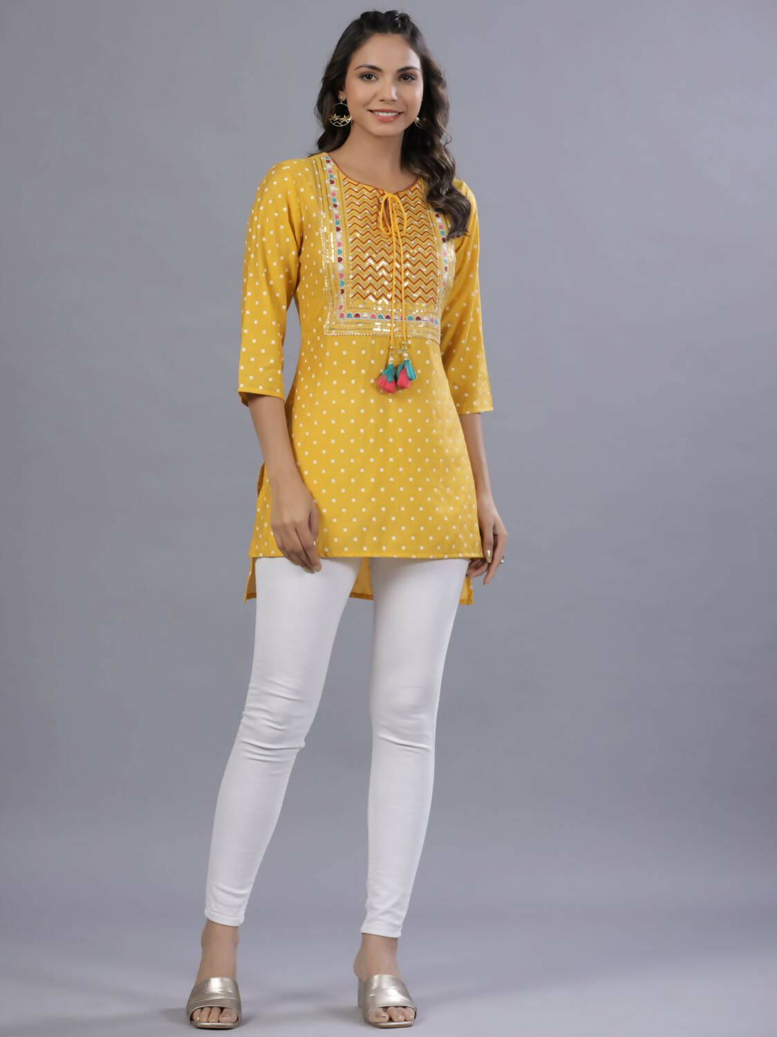 Juniper Women Yellow Muslin Printed High-Low Straight Tunic With Embroidered Yoke - Distacart