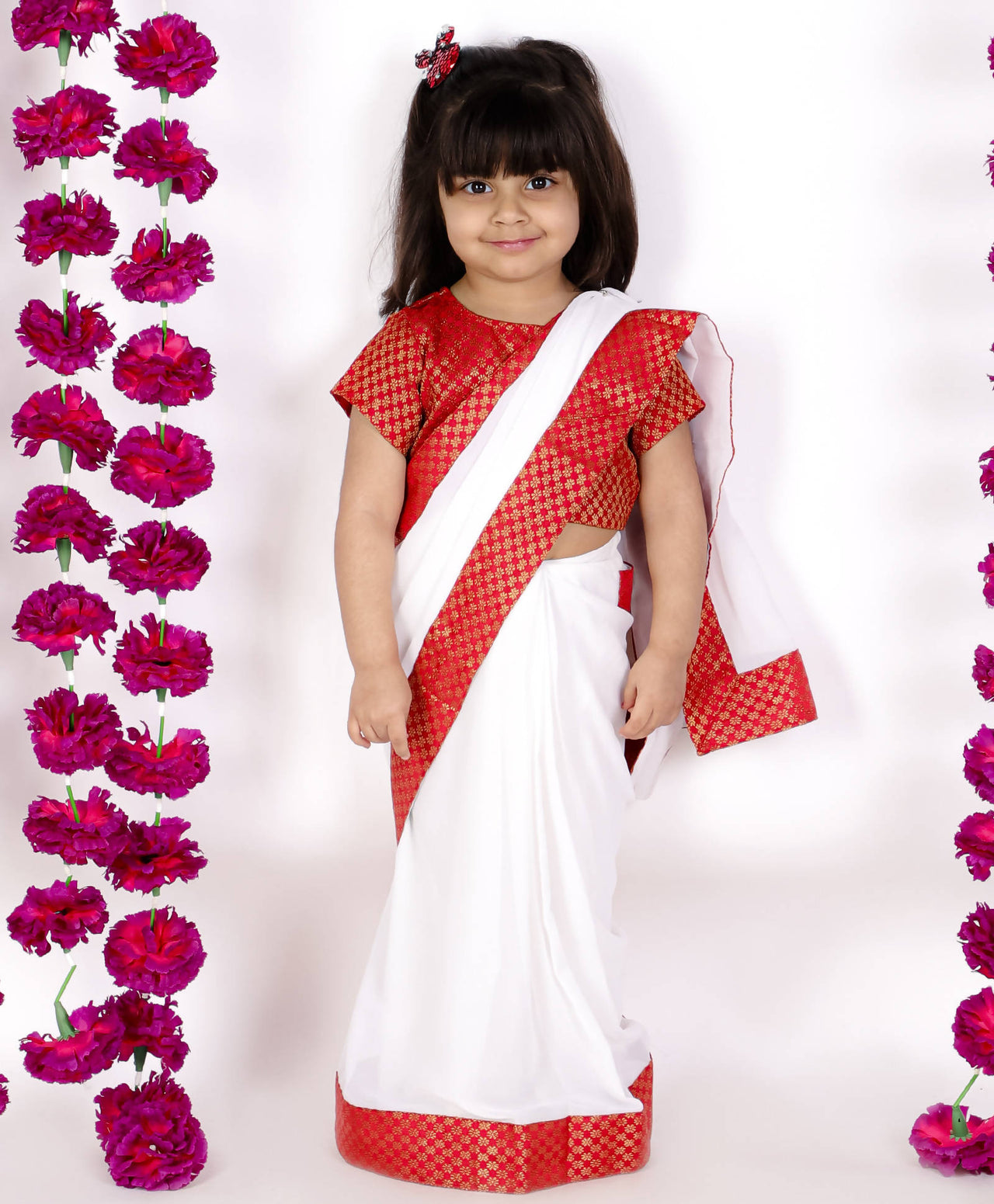 Little Bansi Red And White Color Bengali Saree With Floral Brocade Blouse