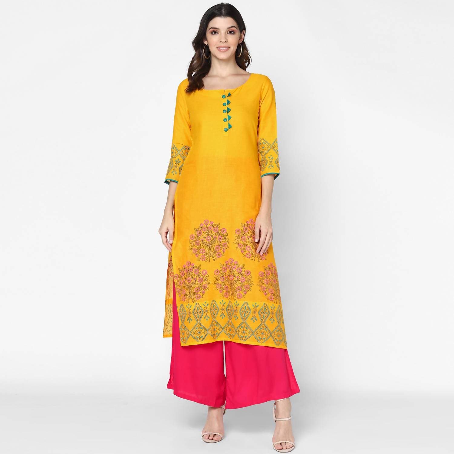 Cheera Hand Block Print Mustard & Magenta Straight Kurta With Palazzo (MAAI-078K)