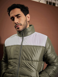 Thumbnail for Lyush Men Olive & White ColorBlock Puffer Jacket - Distacart