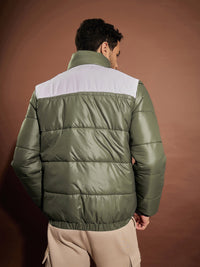 Thumbnail for Lyush Men Olive & White ColorBlock Puffer Jacket - Distacart