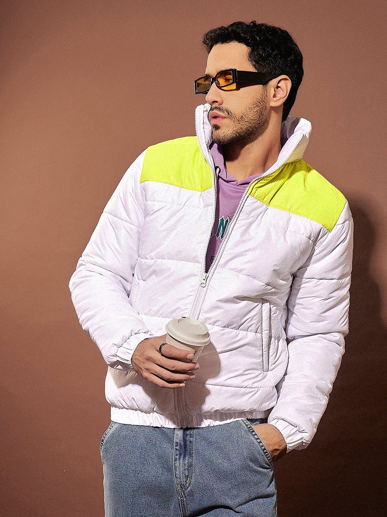 Lyush Men White & Yellow ColorBlock Puffer Jacket - Distacart