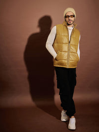 Thumbnail for Lyush Men Khaki Fur Collar Sleeveless Puffer Jacket - Distacart