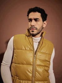 Thumbnail for Lyush Men Khaki Fur Collar Sleeveless Puffer Jacket - Distacart