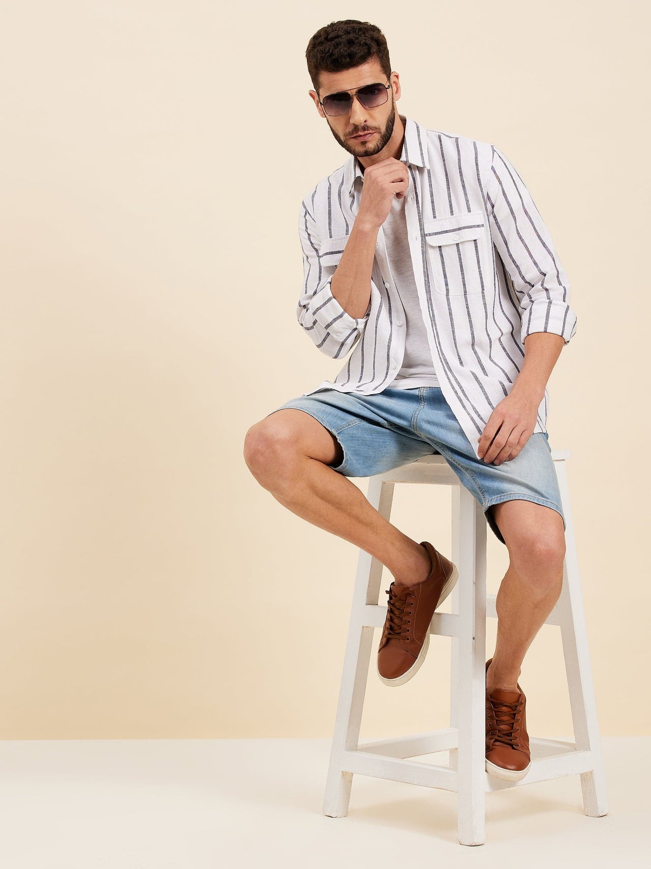 Lyush - Mascln Men's White & Grey Breton Stripes Flap Pocket Shirt - Distacart