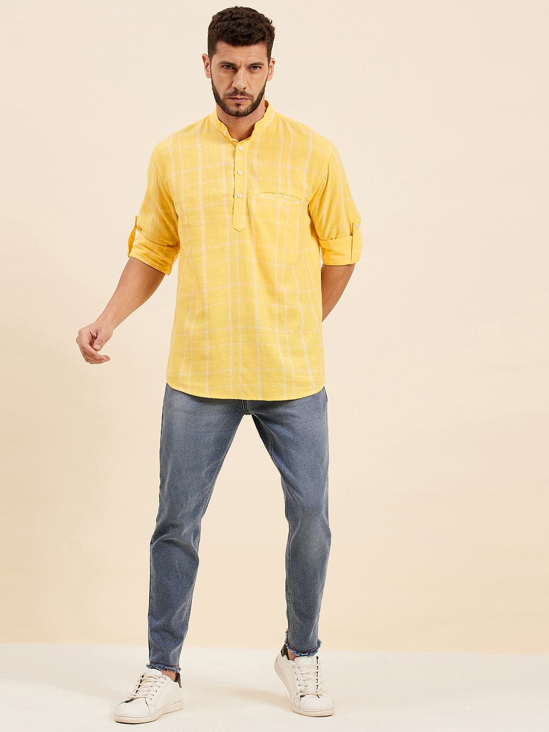 Lyush - Mascln Men's Yellow & White Check Roll-Up Sleeves Kurta Shirt - Distacart