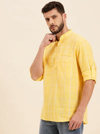 Thumbnail for Lyush - Mascln Men's Yellow & White Check Roll-Up Sleeves Kurta Shirt - Distacart