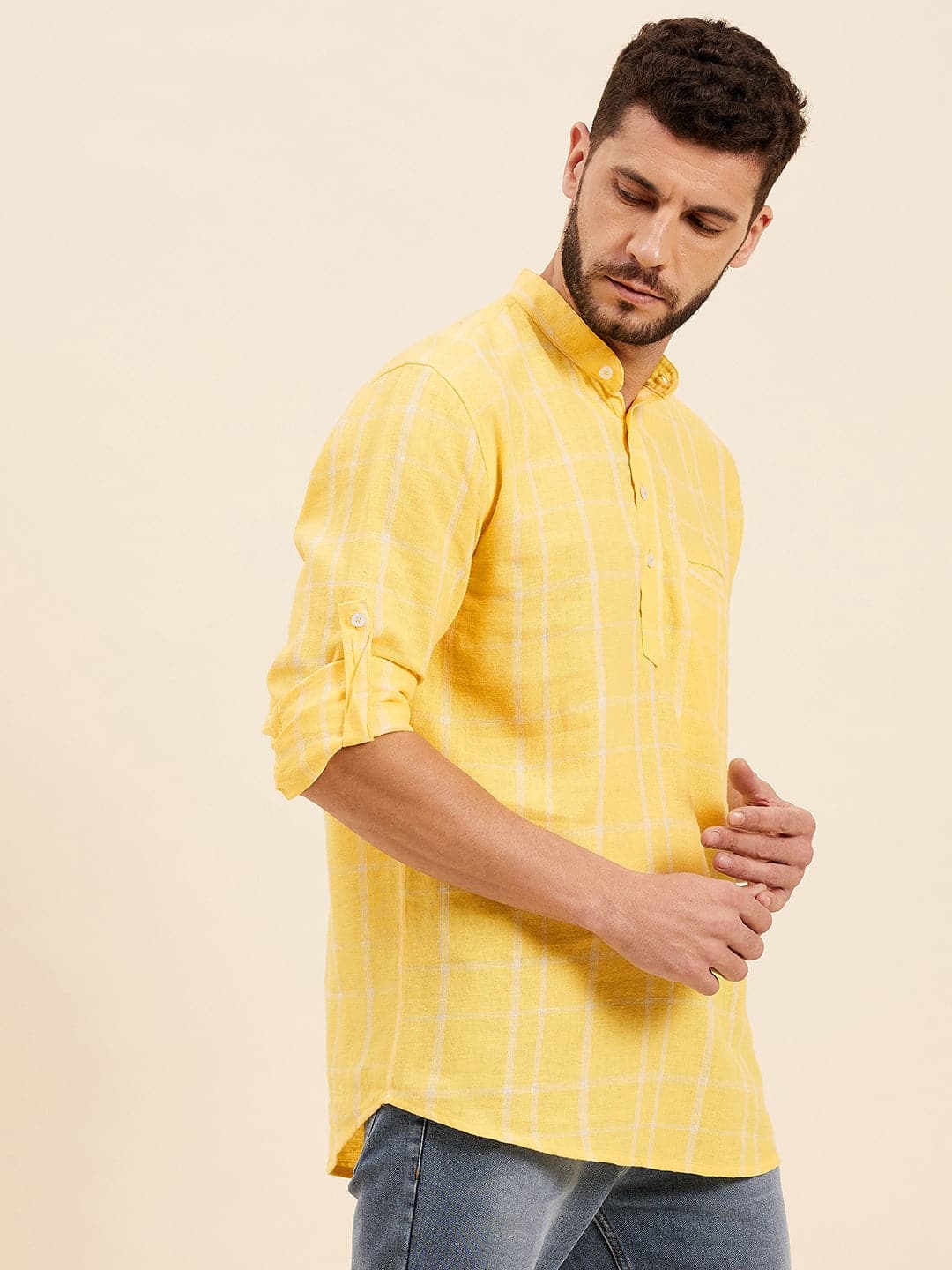Lyush - Mascln Men's Yellow & White Check Roll-Up Sleeves Kurta Shirt - Distacart