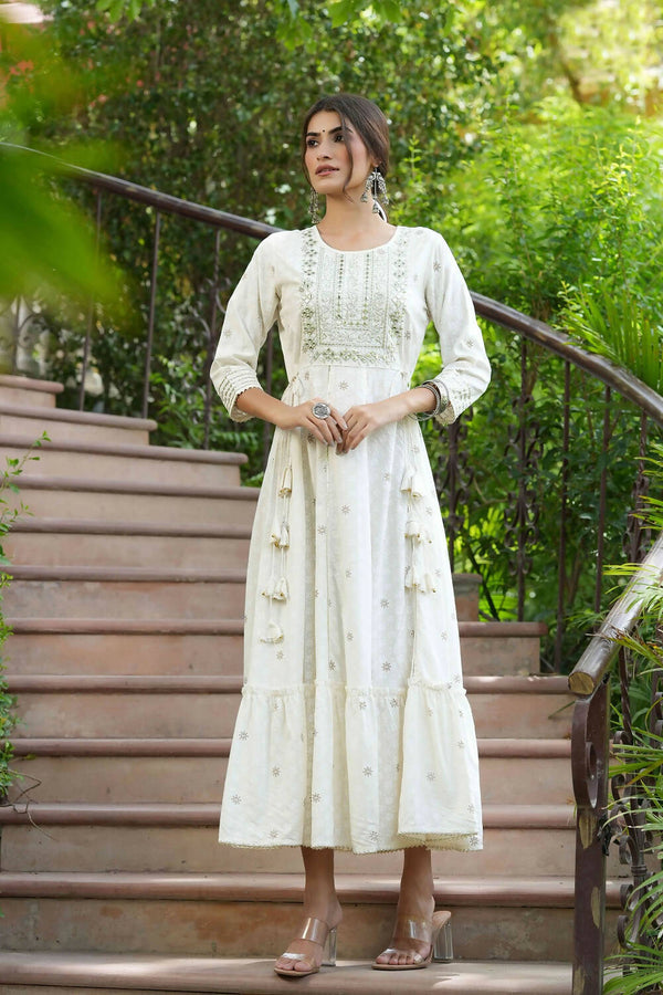 Juniper Off-White Rayon Festive Wear Embroidered A-Line Long Dress - Distacart