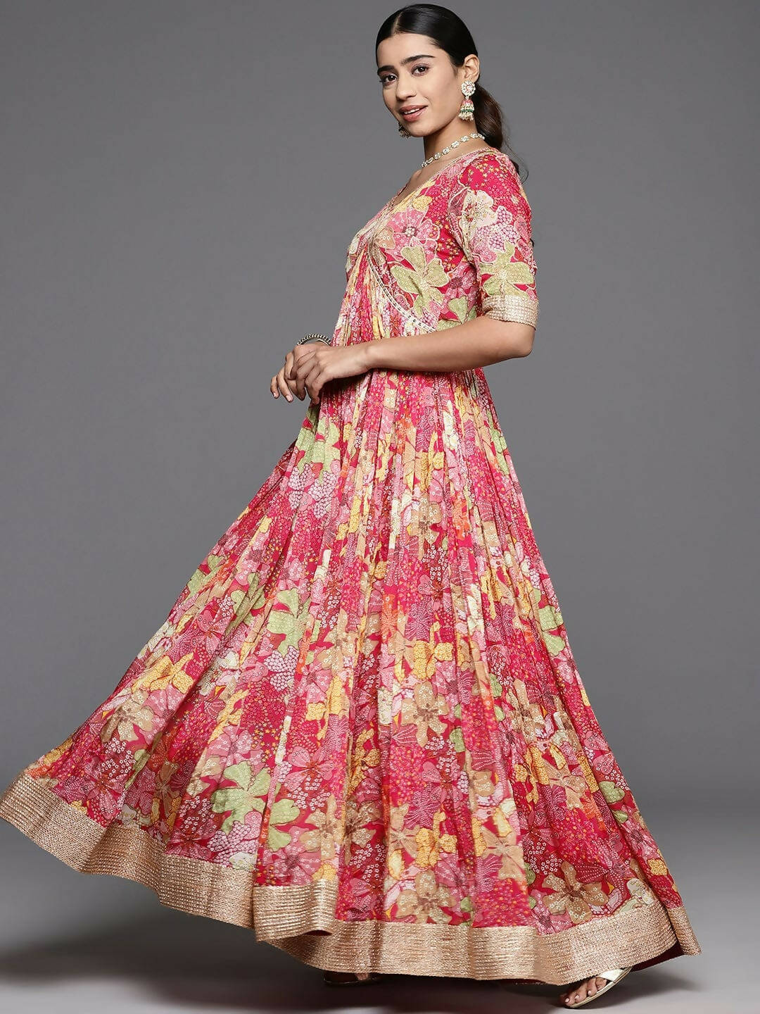 Varanga Women Pink Floral Yoke Embroidered Anarkali Kurta With Dupatta - Distacart