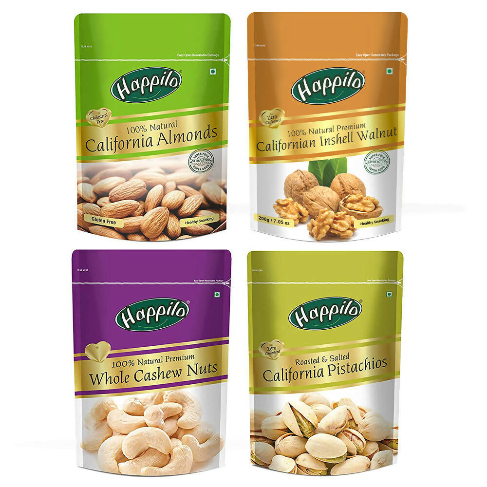 Happilo Premium Dry Fruit Combo (Almond, Cashews, Pistachios & Inshell Walnuts) - Distacart