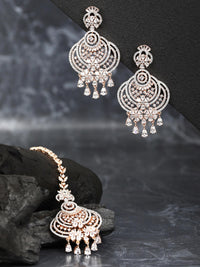 Thumbnail for Priyaasi Women Rose Gold-Plated American Diamond Studded Floral inspired MaangTikka And Earrings Set - Distacart