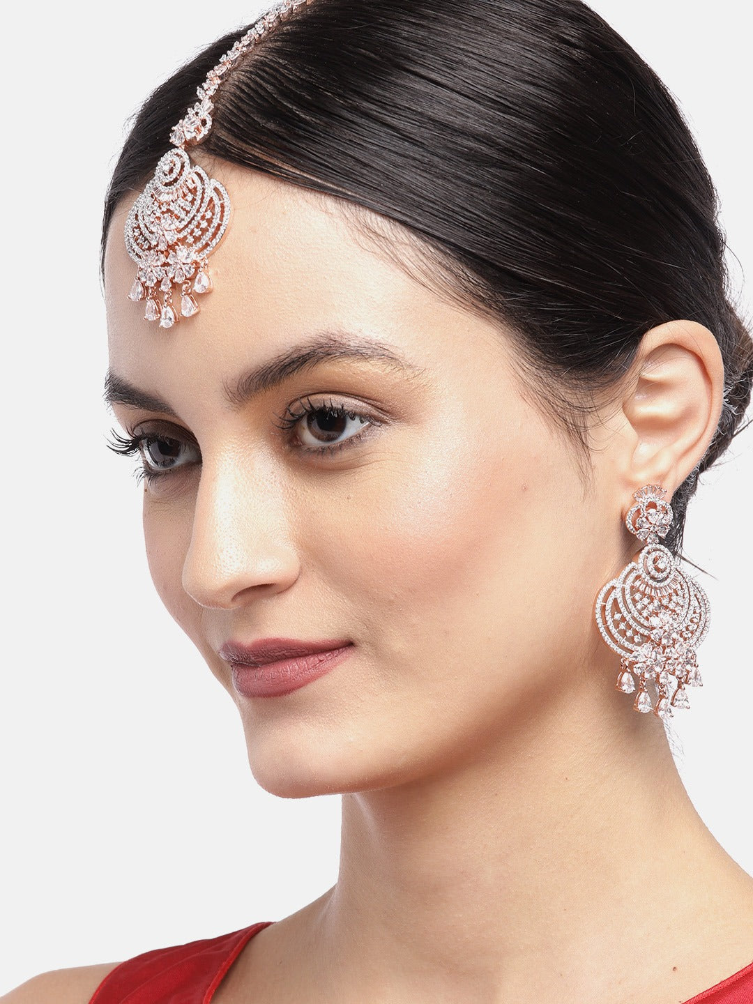 Priyaasi Women Rose Gold-Plated American Diamond Studded Floral inspired MaangTikka And Earrings Set - Distacart