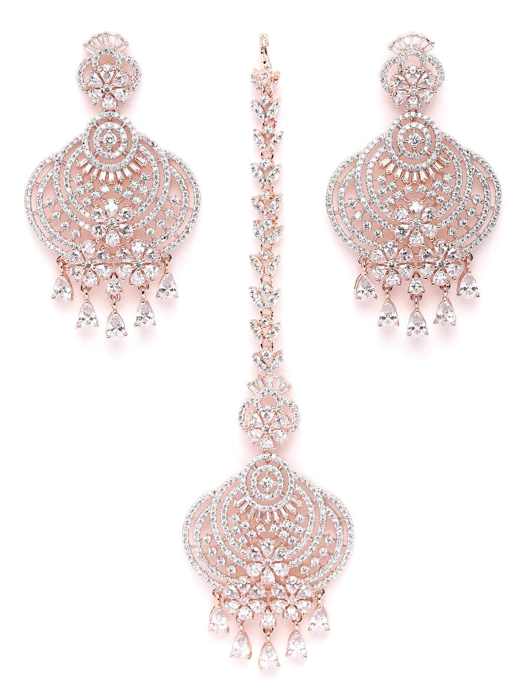 Priyaasi Women Rose Gold-Plated American Diamond Studded Floral inspired MaangTikka And Earrings Set - Distacart