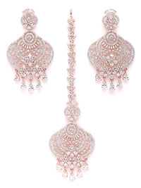 Thumbnail for Priyaasi Women Rose Gold-Plated American Diamond Studded Floral inspired MaangTikka And Earrings Set - Distacart