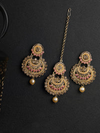 Thumbnail for Priyaasi Women Kundan Pink Stone MaangTikka Earrings Set - Distacart