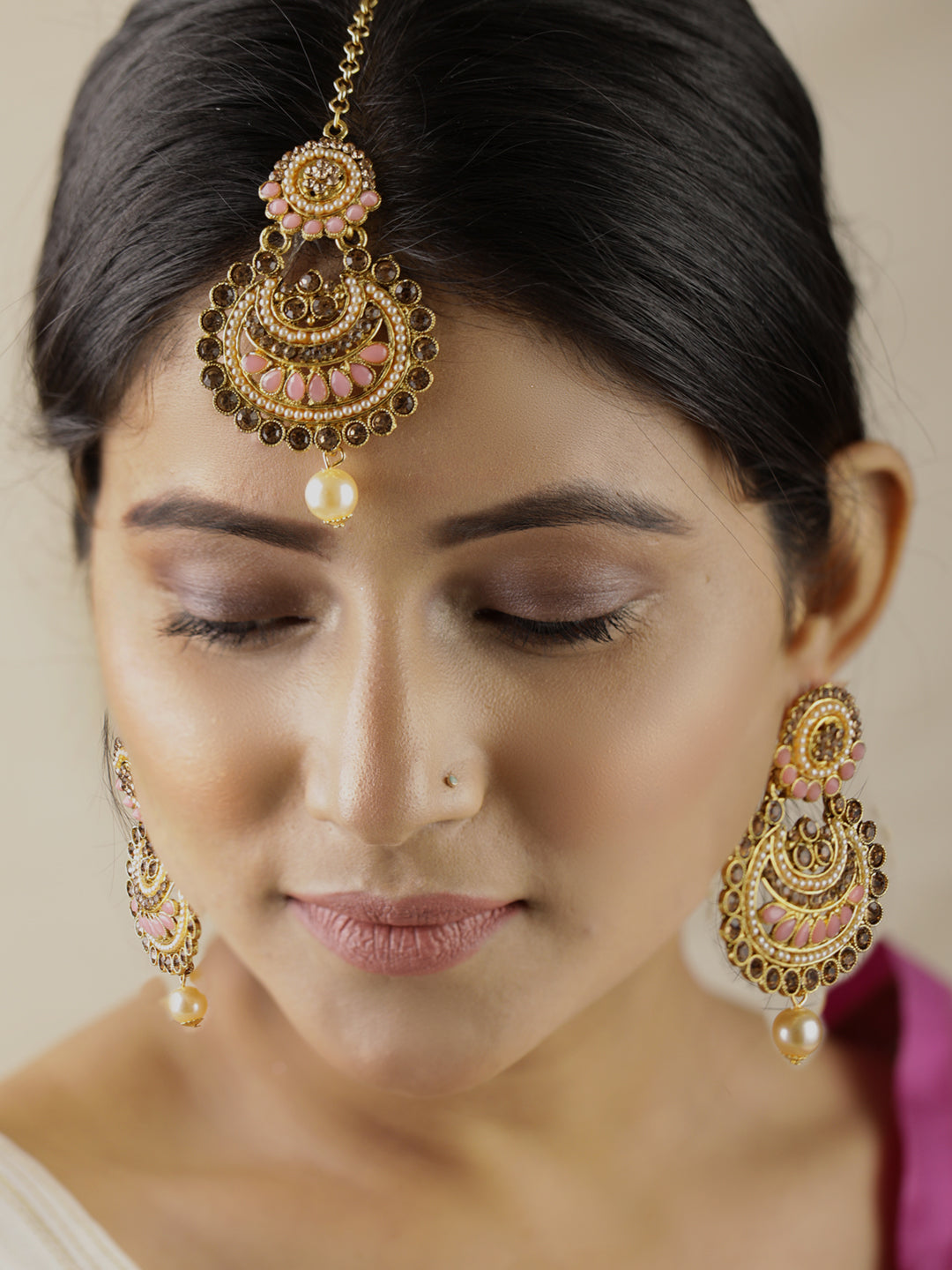Priyaasi Women Kundan Pink Stone MaangTikka Earrings Set - Distacart