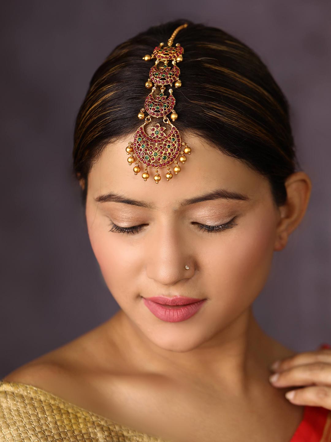 Priyaasi Women Beads Kemp Stones Gold Plated Maang Tikka - Distacart