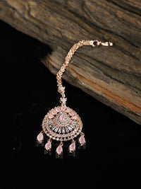 Thumbnail for Priyaasi Women Pink American Diamond Stones Rose Gold-Plated MaangTikka - Distacart
