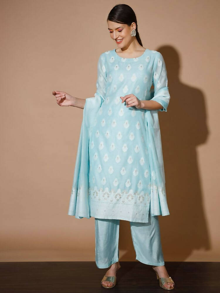 Myshka Women Blue Printed Kurta & Palazzos With Dupatta - Distacart