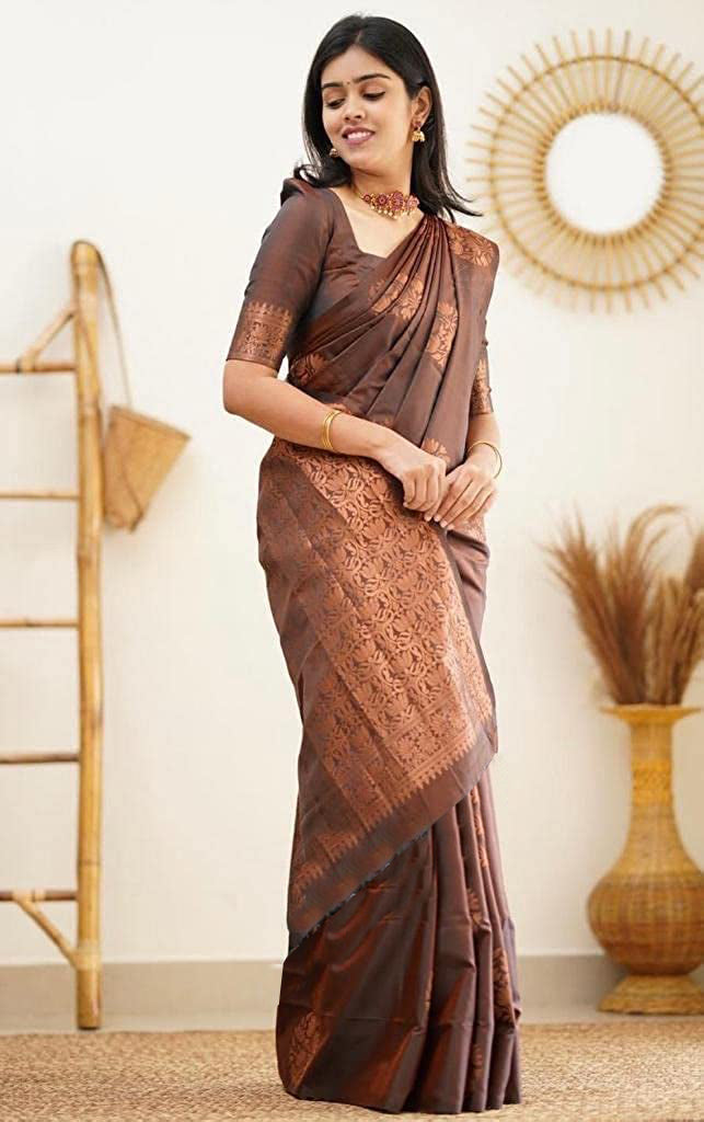 Vamika Brown Banarasi Jacquard Weaving Saree - Distacart
