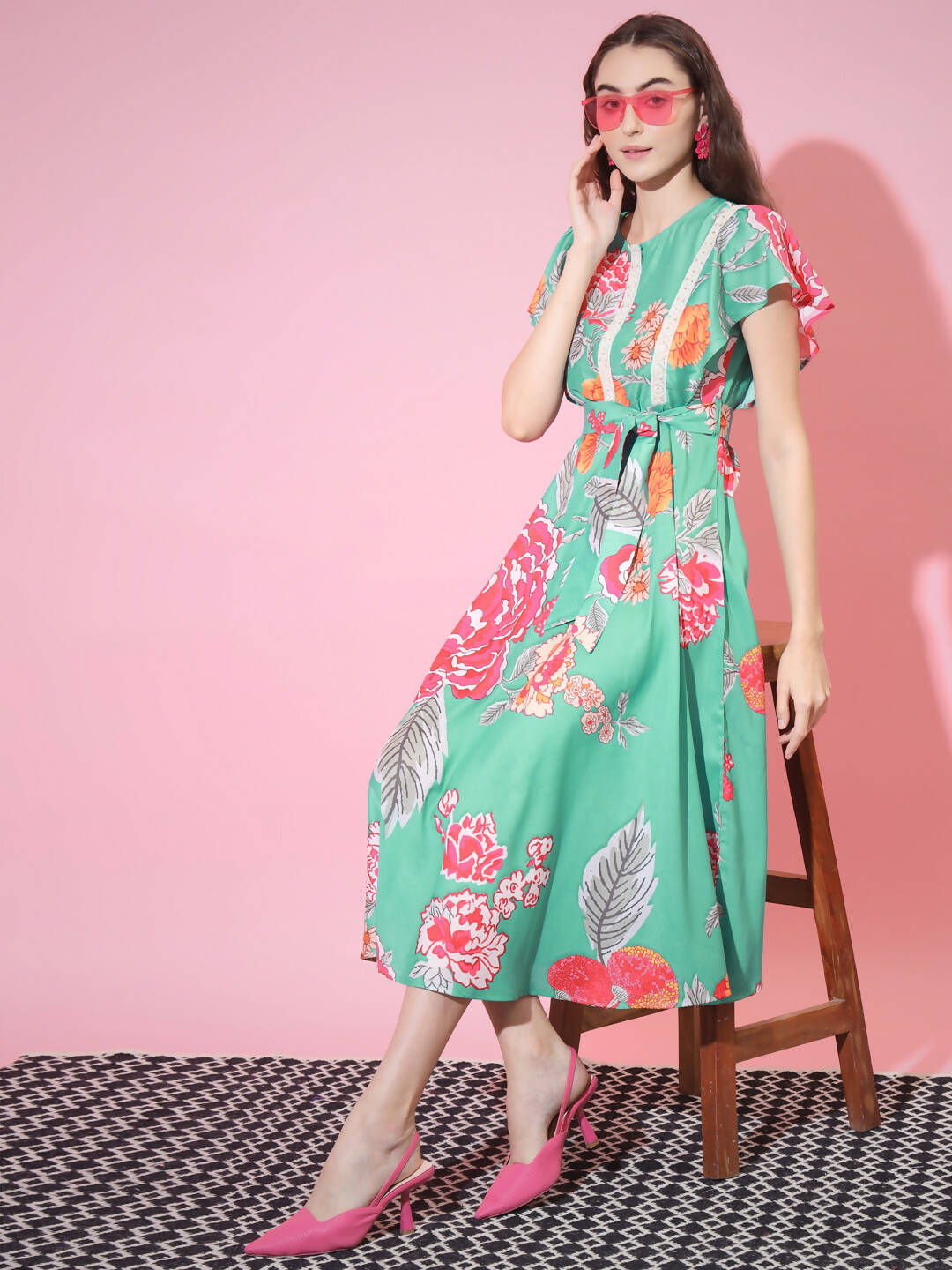 Myshka Women's Green Floral Printed Empire Dress - Distacart