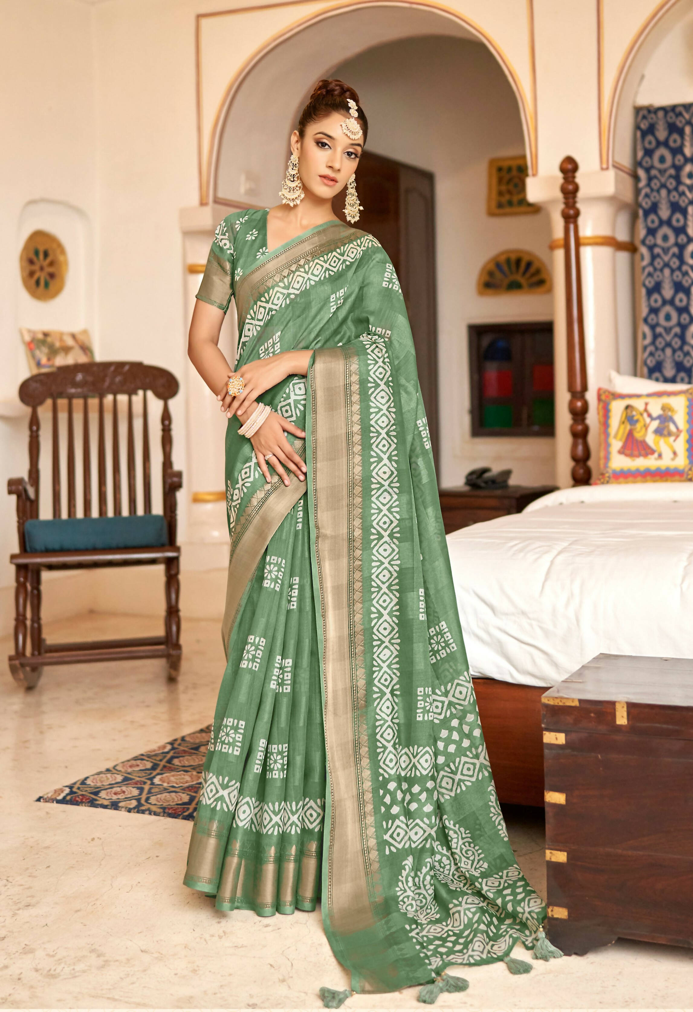 Green Patta Poly Cotton Aztec Printed Saree With Unstitched Blouse Piece - Shades - Distacart