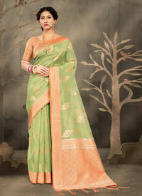 Thumbnail for Light Green Cotton Zari Woven Design Saree with Unstitched Blouse Piece - Aachal - Distacart