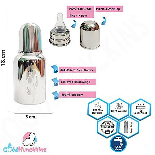 Goodmunchkins Stainless Steel Feeding Bottle Joint Less 304 Grade No Joints BPA Free for New Born Baby/Toddlers/Infants-140ml - Distacart