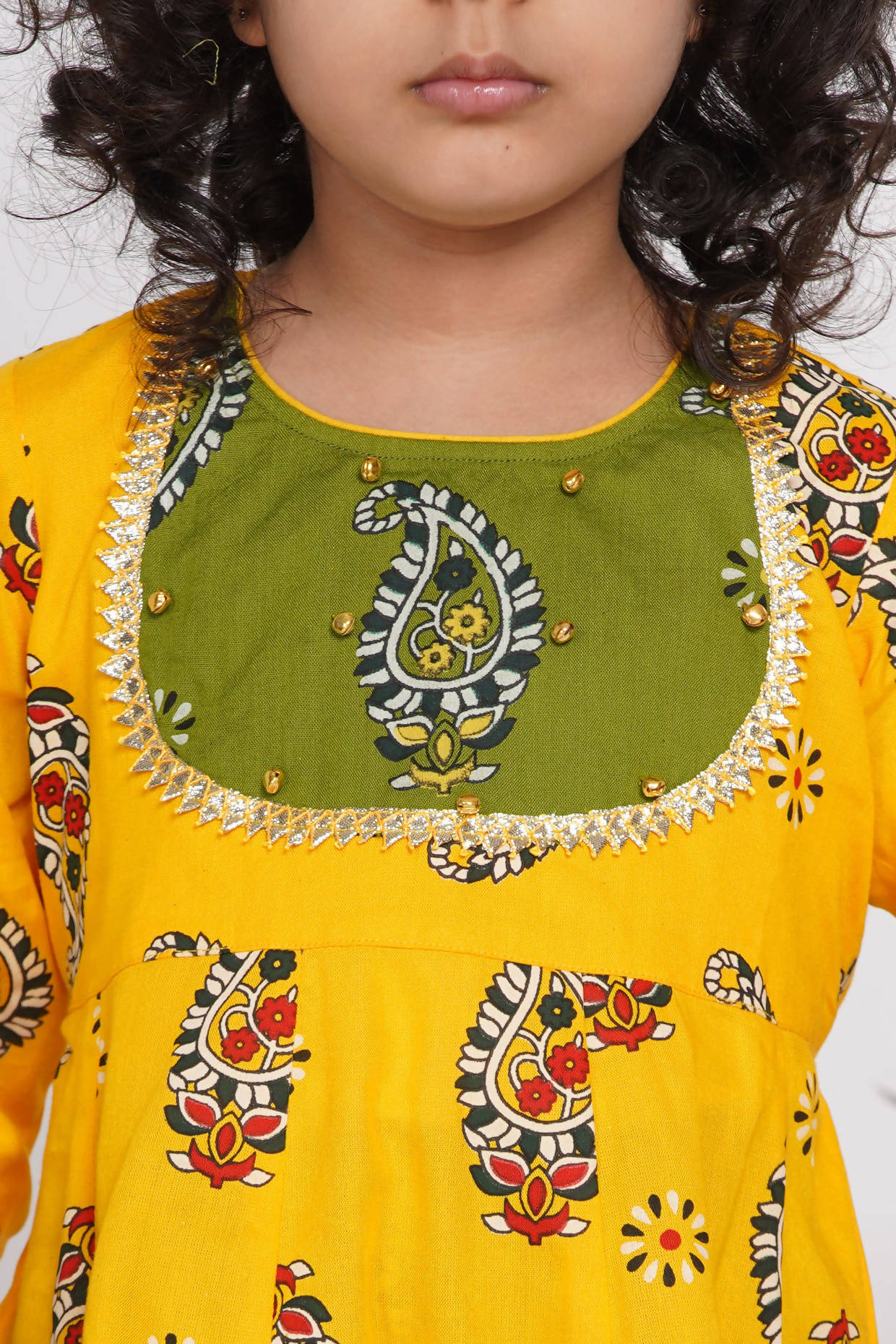 Little Bansi Cotton Floral Kurta with Frill Sharara & Dupatta - Yellow & Green - Distacart