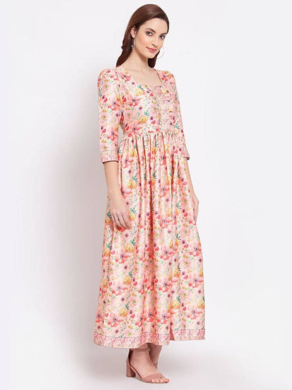 Myshka Women's Multi Printed Cotton Blend 3/4 Sleeve Squre Casual Dress