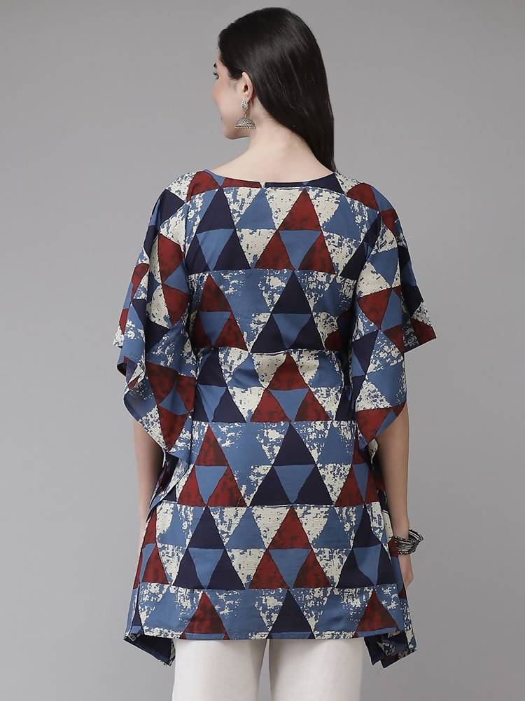Yufta Blue & Red Geometric Printed Flared Sleeves Kaftan Kurti