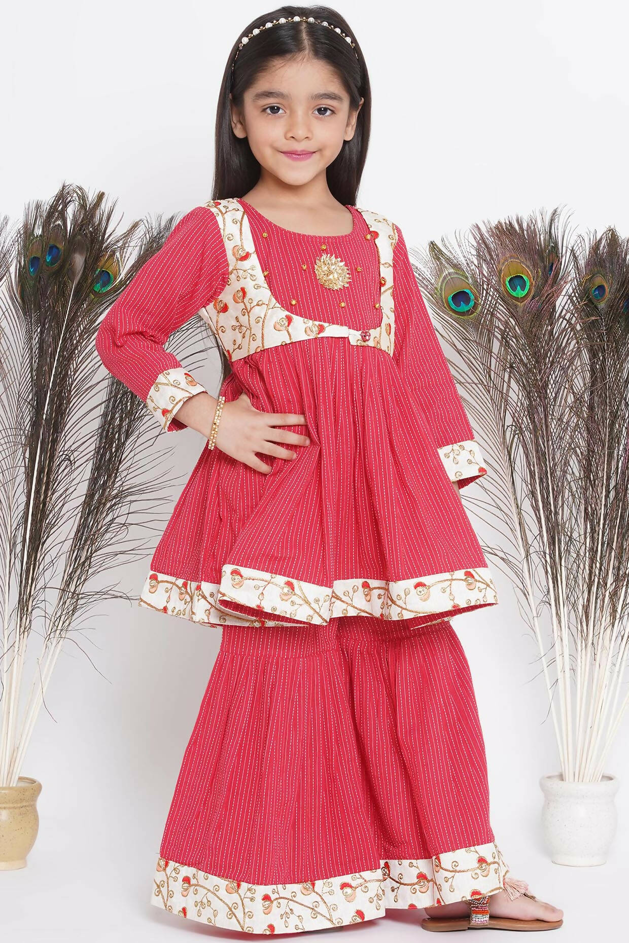 Little Bansi Floral Embroidery Jacket With Cotton Kantha Frock Sharara And Dupatta With Ghungroo Handwork - Red - Distacart