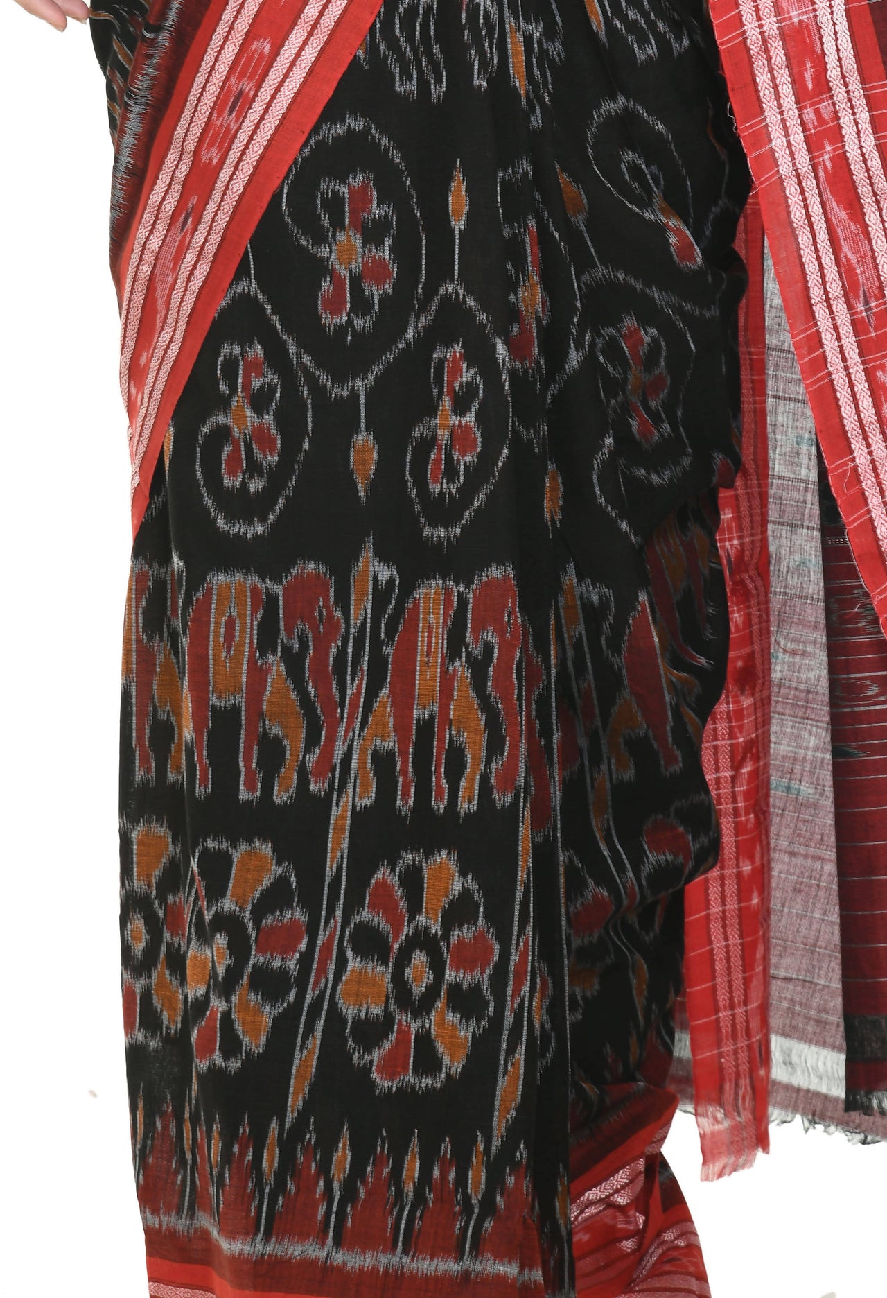 Vamika Sambalpuri Ikat Cotton Dehabandha Tribal Maroon & Orange Saree - Distacart