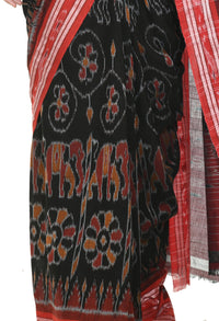 Thumbnail for Vamika Sambalpuri Ikat Cotton Dehabandha Tribal Maroon & Orange Saree - Distacart