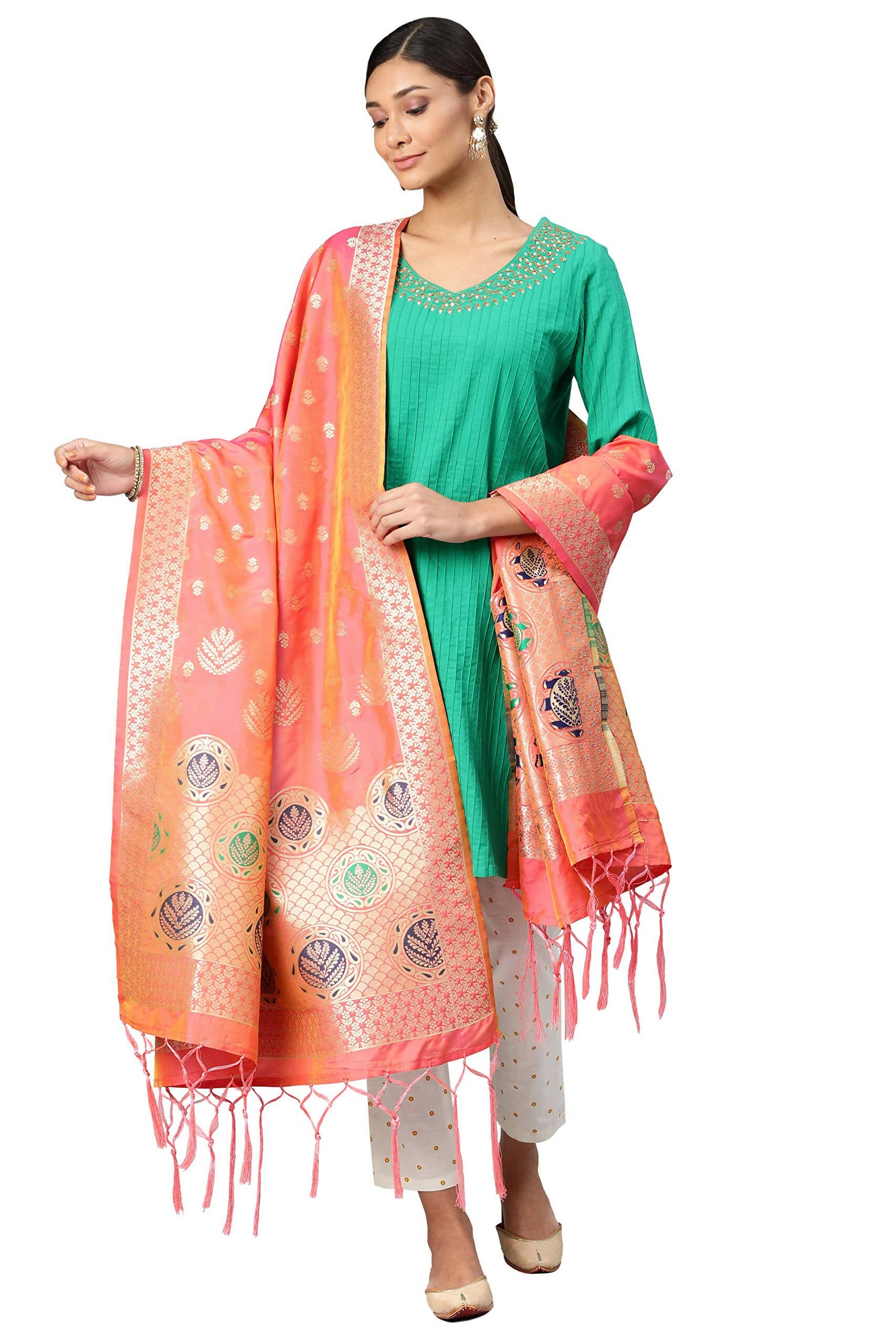 Mimosa Coral Peach & Gold-Toned Woven Design Dupatta - Distacart