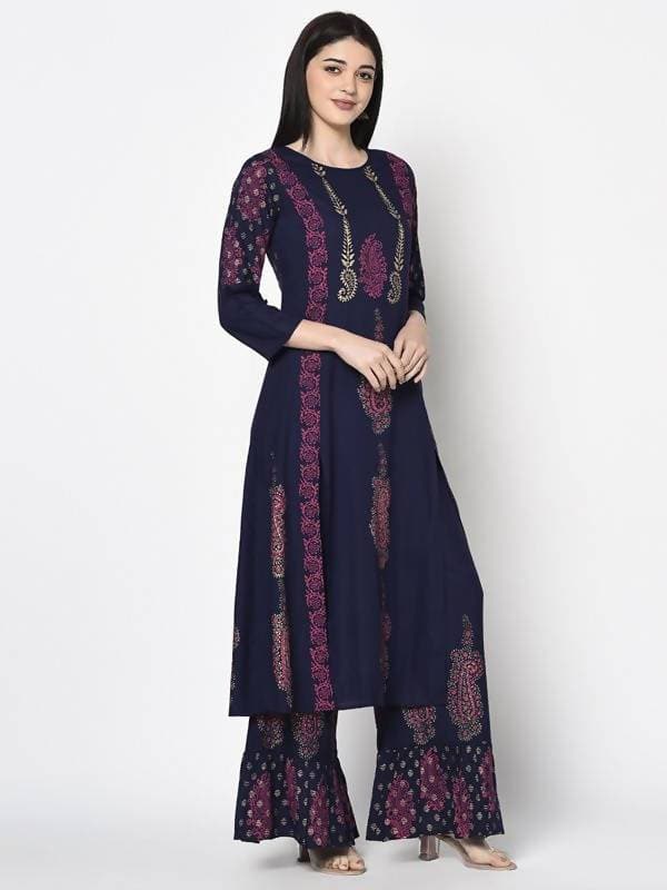 Aniyah Rayon Navy Blue Color Block Print A-line Flared Long Kurta With Two Front Slits (AN-215K)